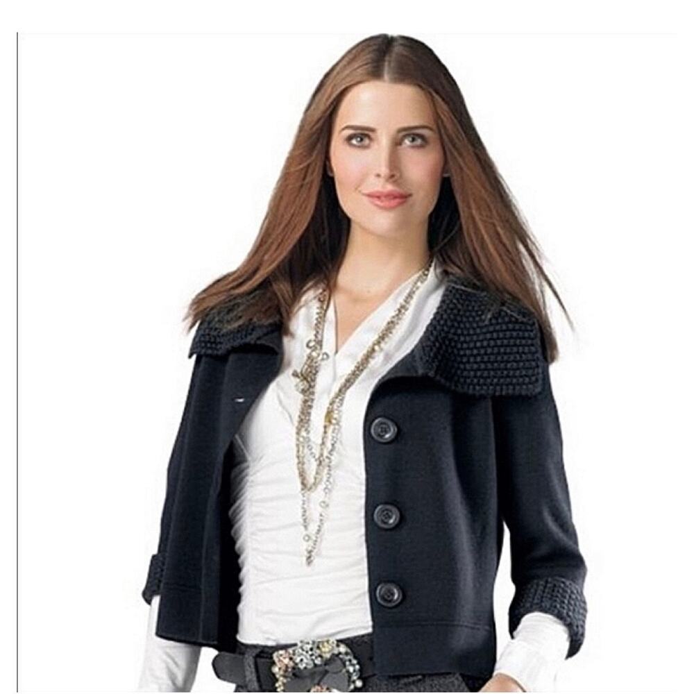 Cabi Women’s Jackie O cropped black sweater cardigan, textured, bit buttons, M